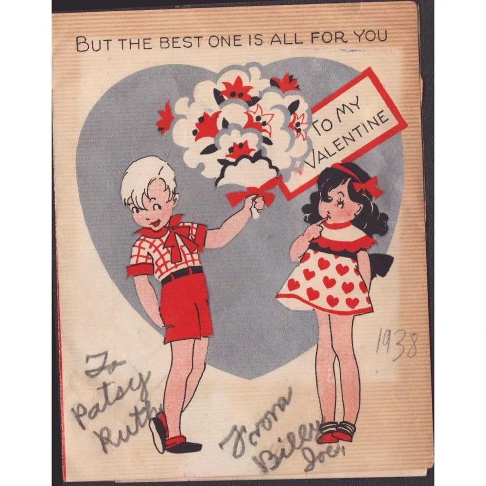 Vintage 1938 Folding Valentine Card Boy and Girl Illustrations 4-Panel VG-